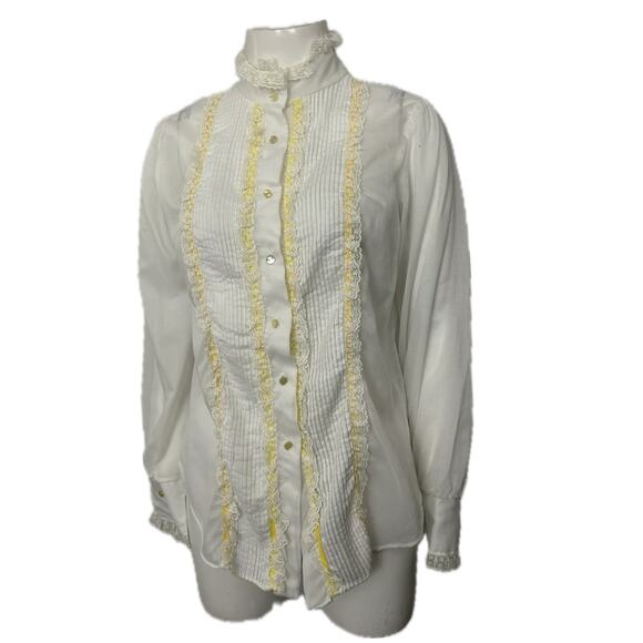 Vintage 1960s White Ruffled Lace New Romantic Blouse Top / Small - Picture 1 of 4